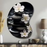 Zen Serenity White Flowers Black Stone Cairn - Asymmetric Metal Wall Art