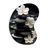 Zen Serenity White Flowers Black Stone Cairn - Asymmetric Metal Wall Art