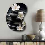 Zen Serenity White Flowers Black Stone Cairn - Asymmetric Metal Wall Art