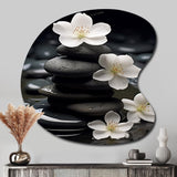 Zen Serenity White Flowers Black Stone Cairn - Asymmetric Metal Wall Art