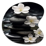 Zen Serenity White Flowers Black Stone Cairn - Asymmetric Metal Wall Art