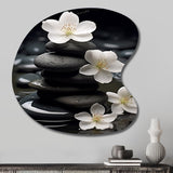 Zen Serenity White Flowers Black Stone Cairn - Asymmetric Metal Wall Art