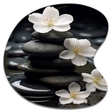 Zen Serenity White Flowers Black Stone Cairn - Asymmetric Metal Wall Art