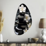 Zen Serenity White Flowers Black Stone Cairn - Asymmetric Metal Wall Art