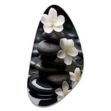 Zen Serenity White Flowers Black Stone Cairn - Asymmetric Metal Wall Art