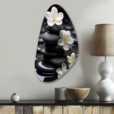 Zen Serenity White Flowers Black Stone Cairn - Asymmetric Metal Wall Art