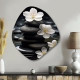 Zen Serenity White Flowers Black Stone Cairn - Asymmetric Metal Wall Art