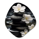 Zen Serenity White Flowers Black Stone Cairn - Asymmetric Metal Wall Art