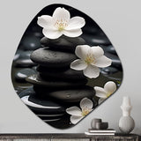 Zen Serenity White Flowers Black Stone Cairn - Asymmetric Metal Wall Art