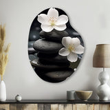 Zen Serenity White Flowers Black Stone Cairn - Asymmetric Metal Wall Art