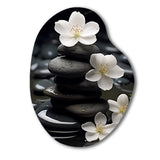 Zen Serenity White Flowers Black Stone Cairn - Asymmetric Metal Wall Art