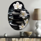 Zen Serenity White Flowers Black Stone Cairn - Asymmetric Metal Wall Art