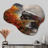 Steamtrain Crossing Autumn Bridge Painting - Asymmetric Metal Wall Art