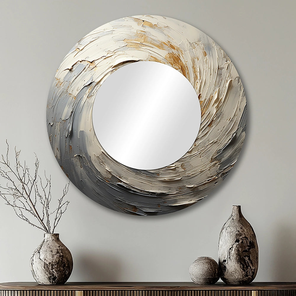 Abstract Spirals Wall Mirror - Grey And Gold Mystical Spirals - Print on Metal