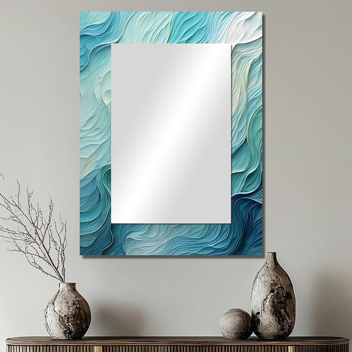 Modern Large Wall Mirror - Aqua Blue And White Serenity Swirl I - Rectangle Mirror