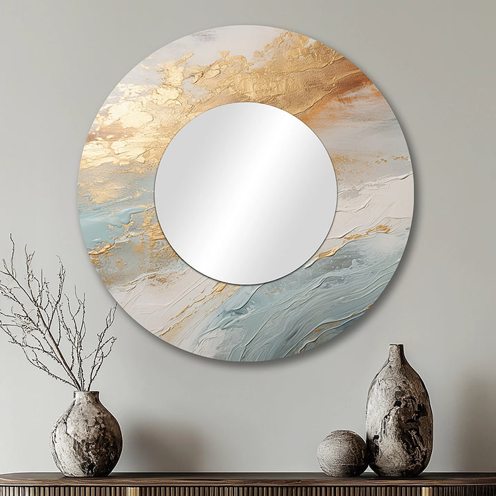 Coastal Beach Wall Mirror - Golden And Blue Beach Tranquility IV - Print on Metal