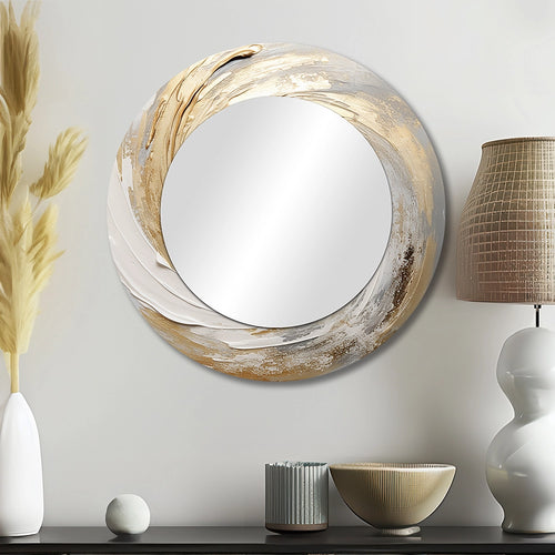 Modern Decorative Mirror - Gold And White Soft Wave Vortex III - Print on Metal