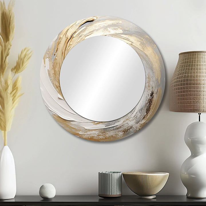 Modern Decorative Mirror - Gold And White Soft Wave Vortex III - Print on Metal