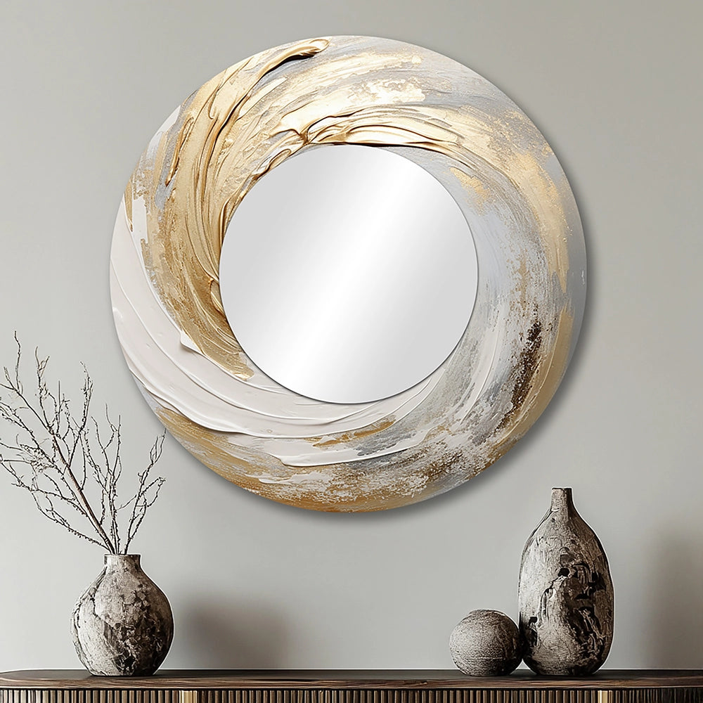 Modern Decorative Mirror - Gold And White Soft Wave Vortex III - Print on Metal