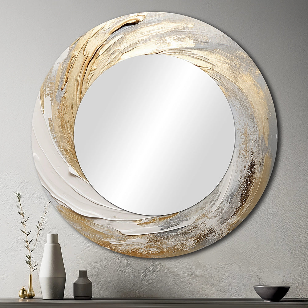 Modern Decorative Mirror - Gold And White Soft Wave Vortex III - Print on Metal