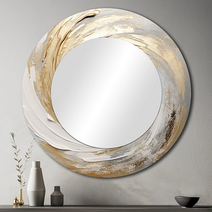 Modern Decorative Mirror - Gold And White Soft Wave Vortex III - Print on Metal