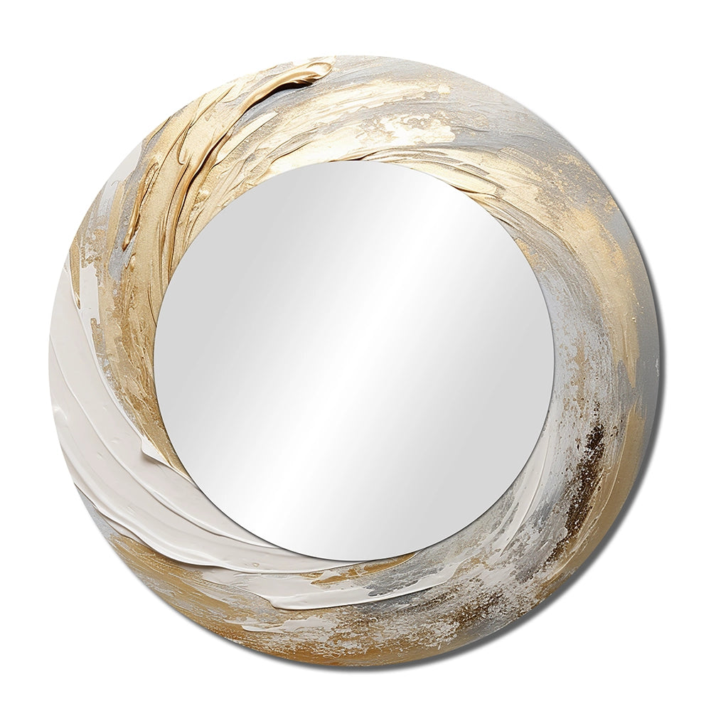 Modern Decorative Mirror - Gold And White Soft Wave Vortex III - Print on Metal