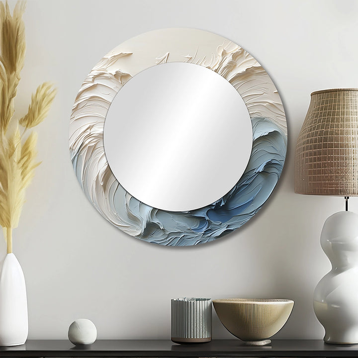 Nautical Decorative Mirror - White And Blue Wave Papercut Style - Metal Wall Mirror