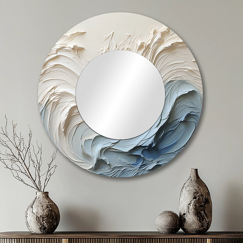 Nautical Decorative Mirror - White And Blue Wave Papercut Style - Metal Wall Mirror
