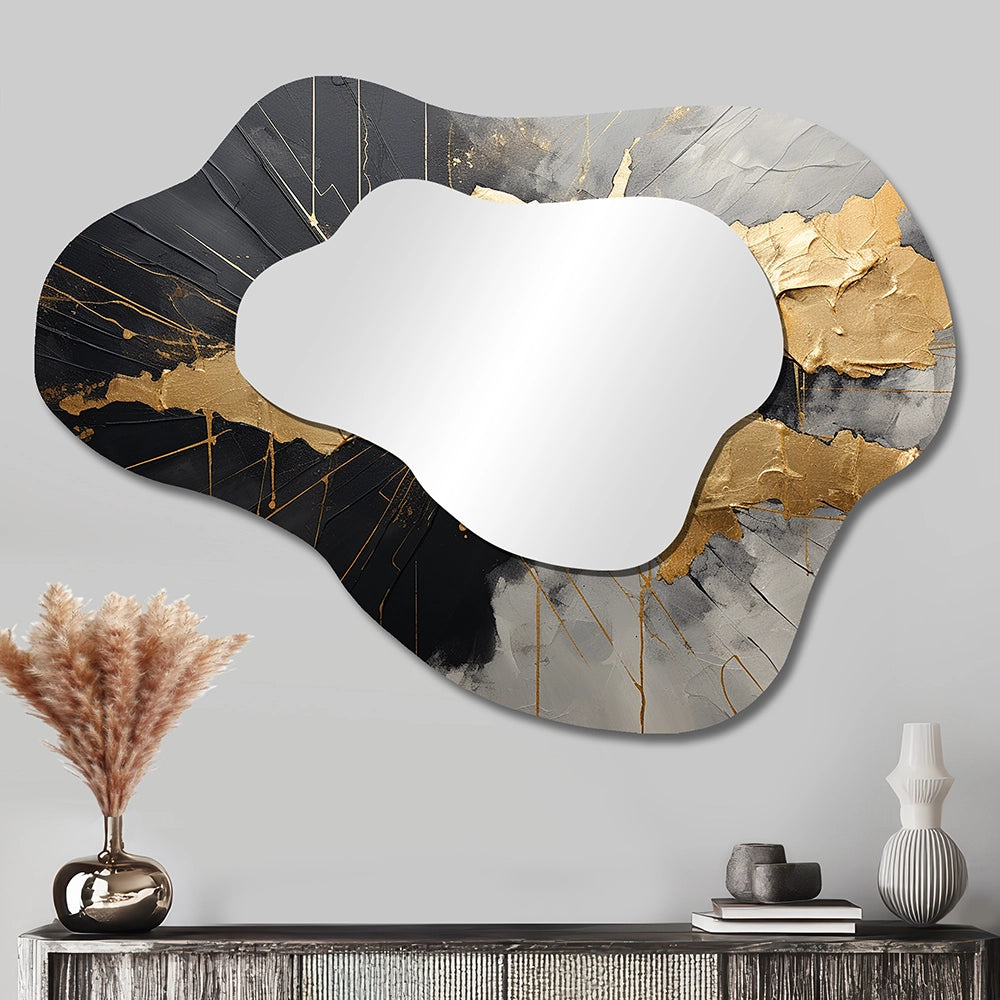Abstract Painting Cloud Shape Mirror - Black And Gold Abstract Meditation I - Asymmetrical Mirror