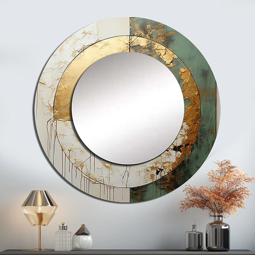 Abstract Painting Decorative Mirror - Gold And Green Paint Fusion I - Wall Mirror