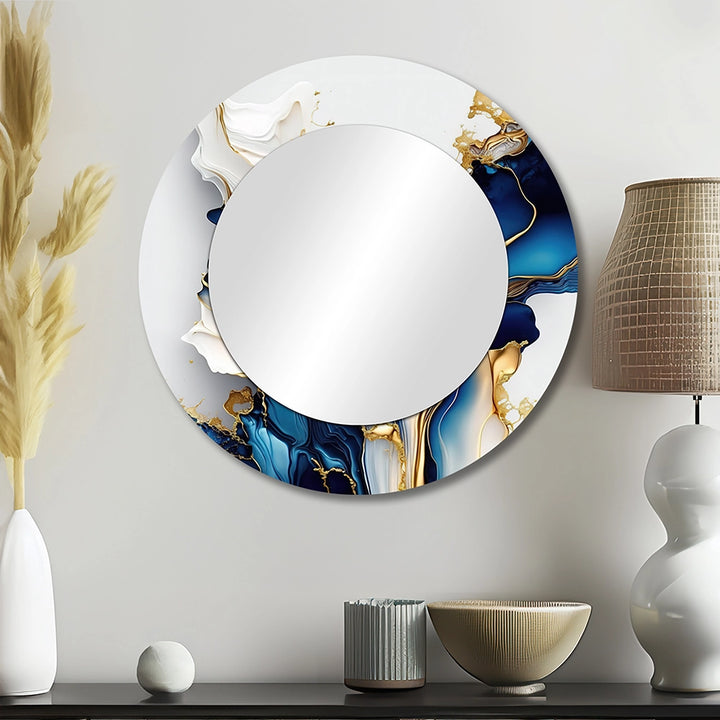 Modern Metal Wall Mirror - Abstract Geode Gold And Blue Marble Shape III - Large Mirror