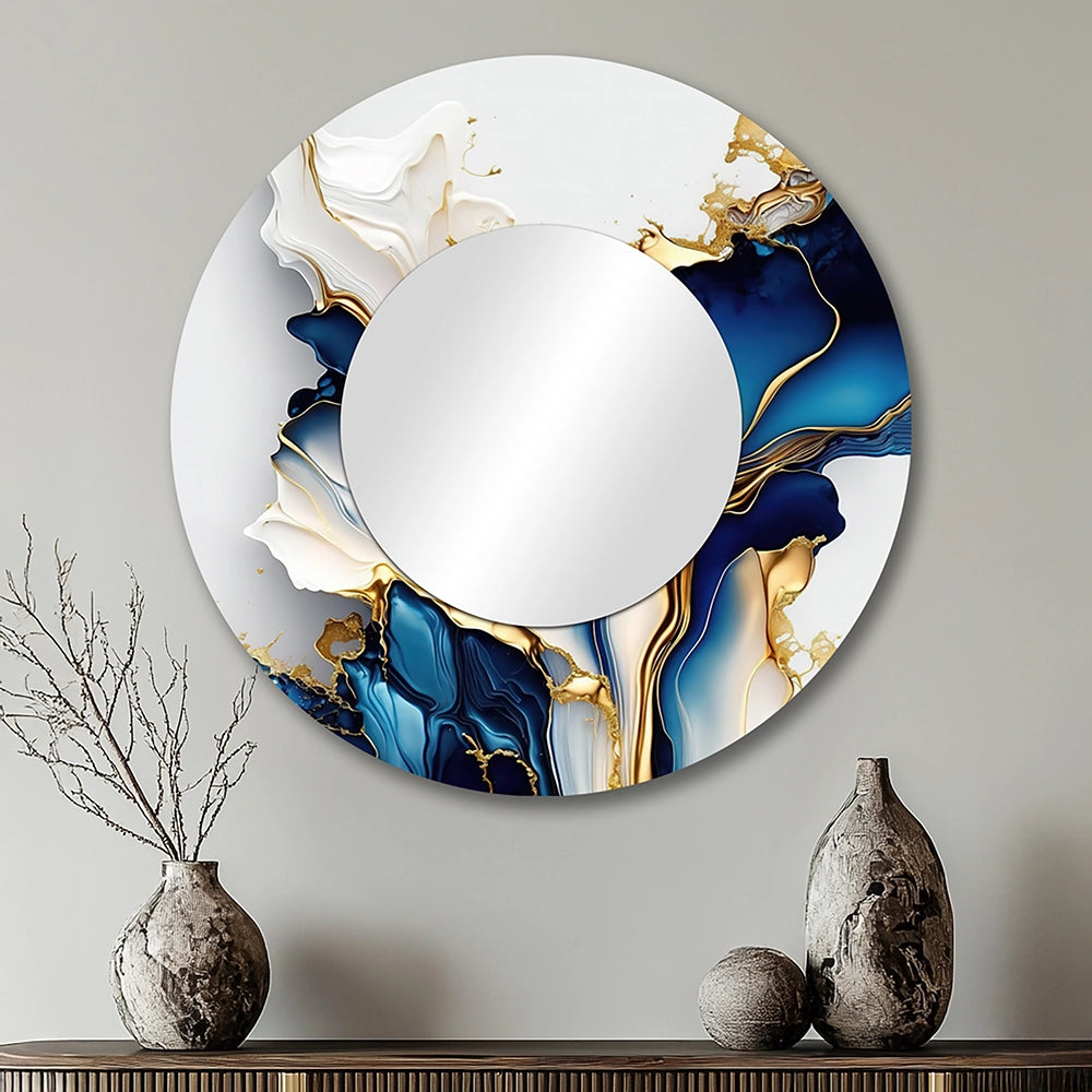 Modern Metal Wall Mirror - Abstract Geode Gold And Blue Marble Shape III - Large Mirror