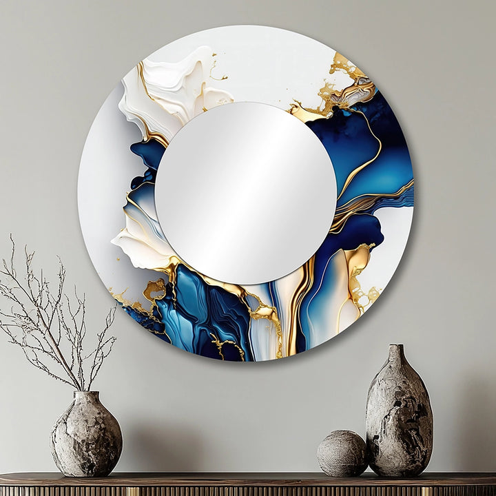 Modern Metal Wall Mirror - Abstract Geode Gold And Blue Marble Shape III - Large Mirror