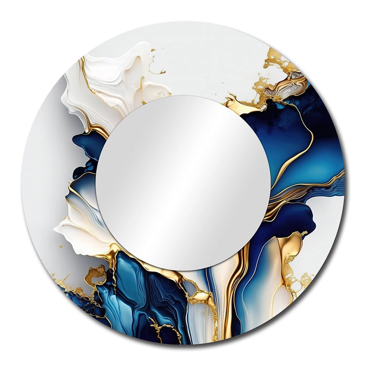 Modern Metal Wall Mirror - Abstract Geode Gold And Blue Marble Shape III - Large Mirror