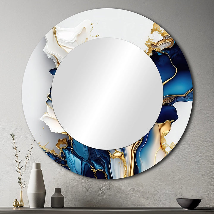 Modern Metal Wall Mirror - Abstract Geode Gold And Blue Marble Shape III - Large Mirror