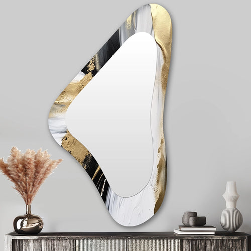 Modern Asymmetrical Mirror - Minimal Joy In Black And Gold VII - Boomerang Shape Mirror