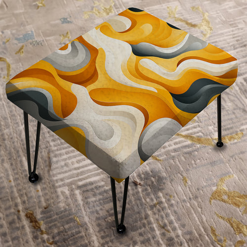 Yellow And White Midcentury Waves Fusion - Upholstered Vanity Stool Ottoman