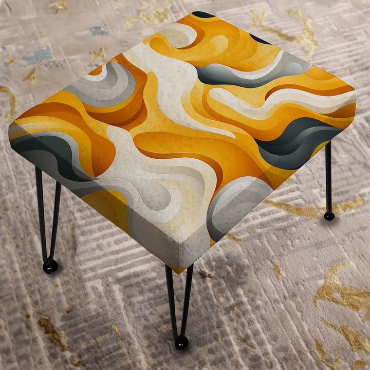 Yellow And White Midcentury Waves Fusion - Upholstered Vanity Stool Ottoman