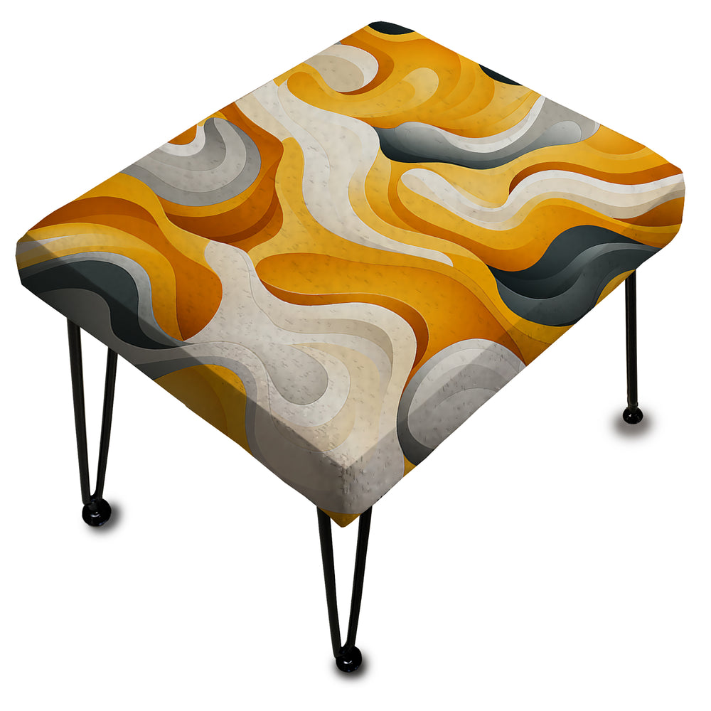 Yellow And White Midcentury Waves Fusion - Upholstered Vanity Stool Ottoman