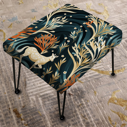 Beige And Green Deer In Forest - Upholstered Vanity Stool Ottoman