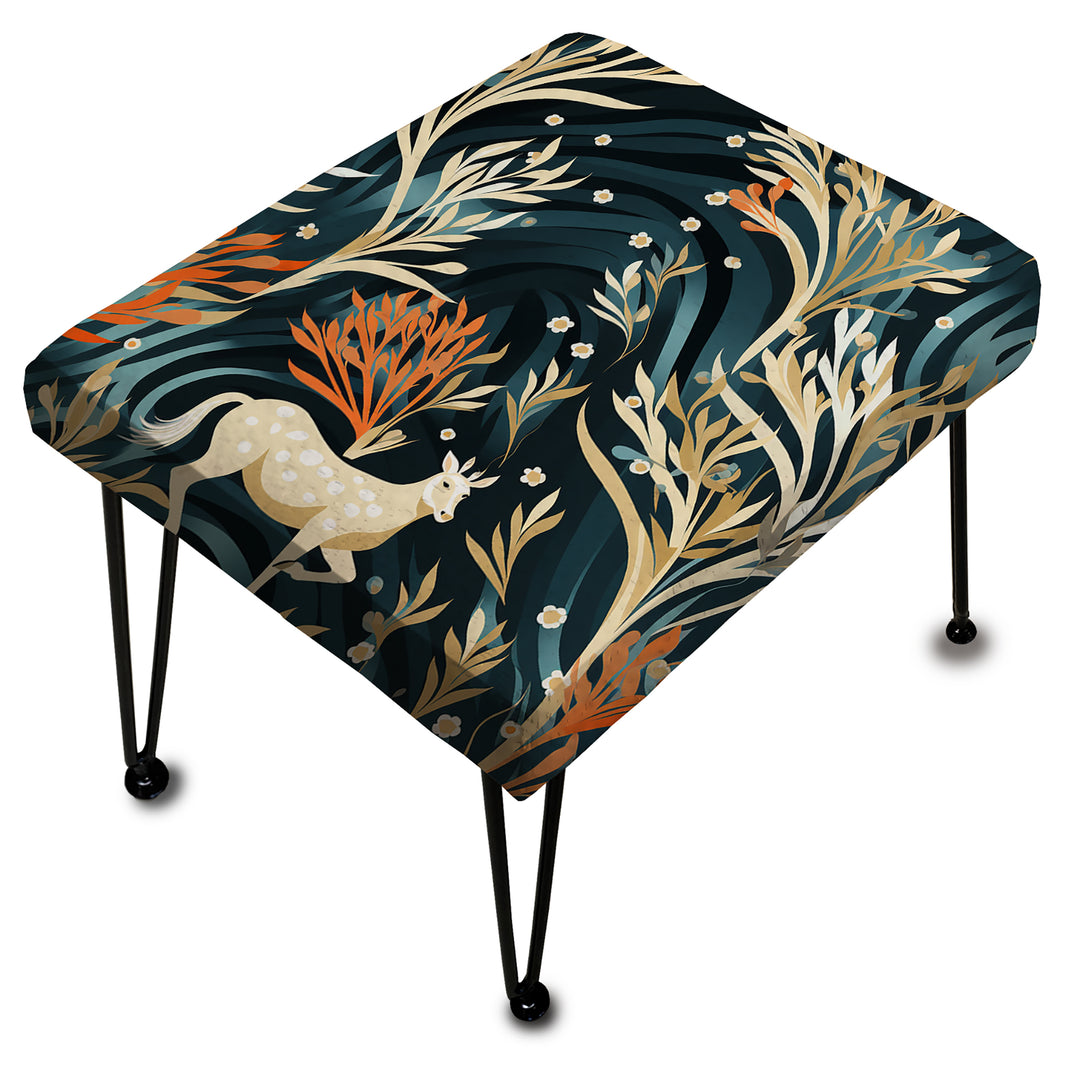 Beige And Green Deer In Forest - Upholstered Vanity Stool Ottoman