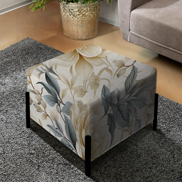 Beige And Grey Flower Serenity Boho Pattern - Upholstered Vanity Stool Ottoman