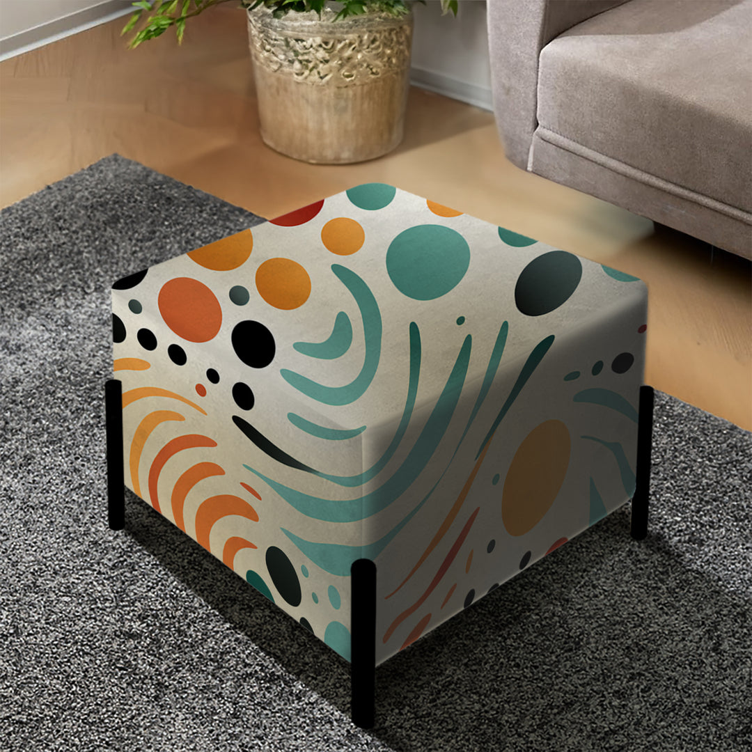 Multicolor Mid Century Pattern On Beige - Upholstered Vanity Stool Ottoman