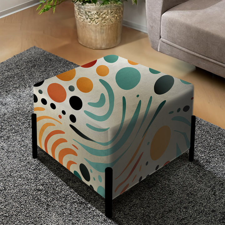 Multicolor Mid Century Pattern On Beige - Upholstered Vanity Stool Ottoman
