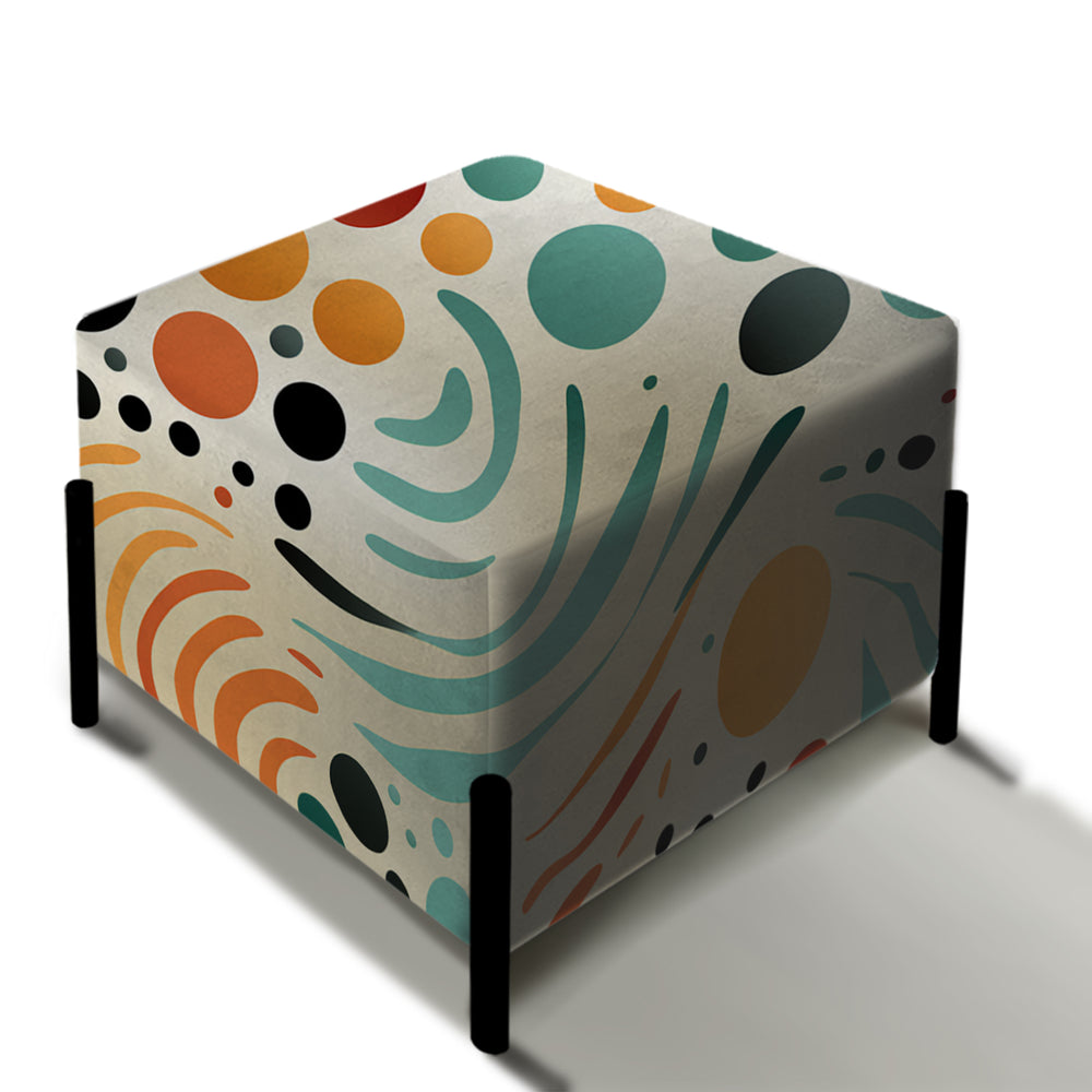 Multicolor Mid Century Pattern On Beige - Upholstered Vanity Stool Ottoman