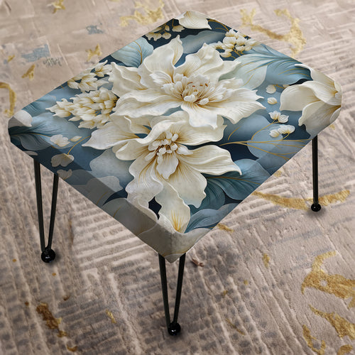 Misty White And Blue Floral Damask - Upholstered Vanity Stool Ottoman