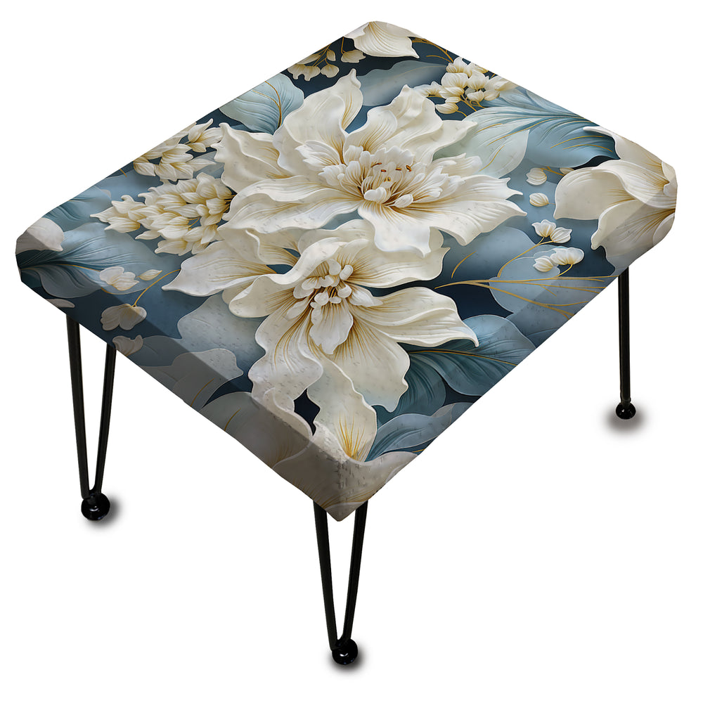 Misty White And Blue Floral Damask - Upholstered Vanity Stool Ottoman