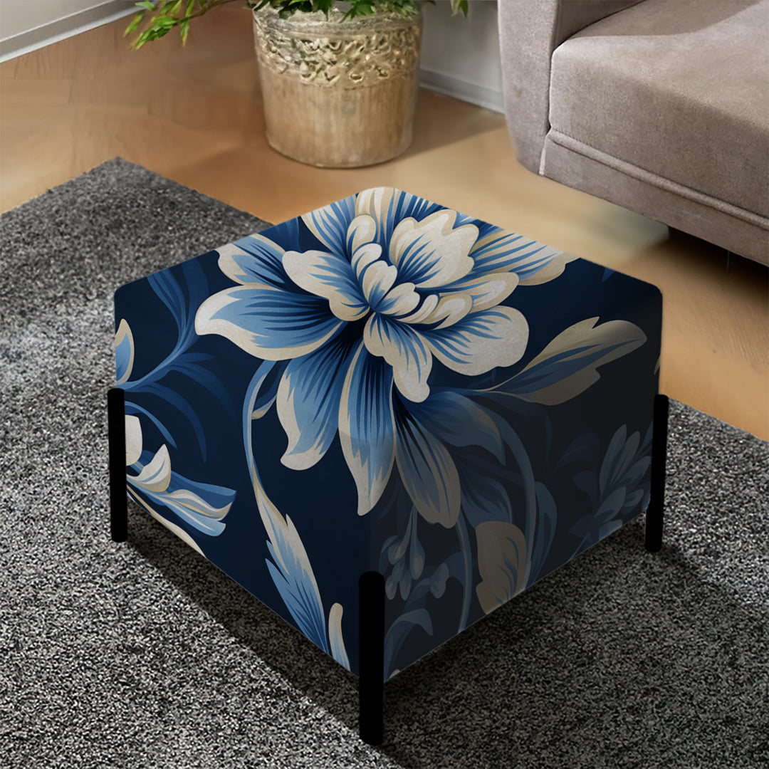 White And Blue Symmetrical Damask - Upholstered Vanity Stool Ottoman