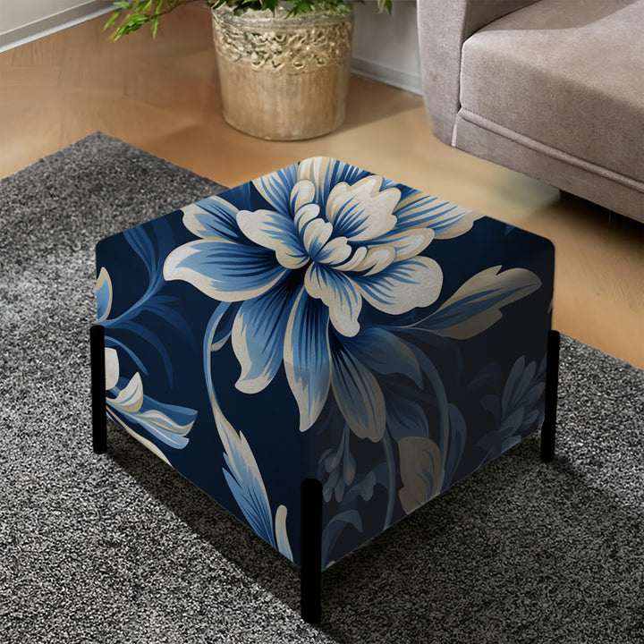 White And Blue Symmetrical Damask - Upholstered Vanity Stool Ottoman