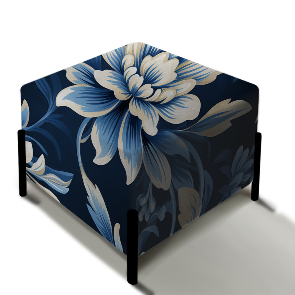 White And Blue Symmetrical Damask - Upholstered Vanity Stool Ottoman